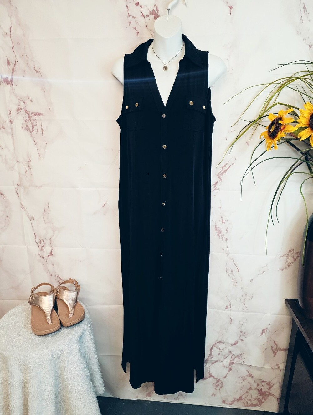 Michael Michael Kors Black Sleeveless Button Front Maxi Dress PL - Picture 3 of 6